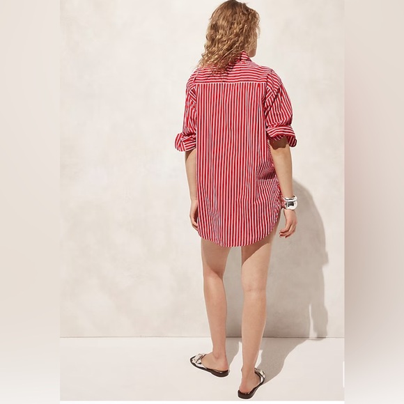 J. Crew Size XL Red Cotton voile beach shirt in stripe- - Picture 3 of 11